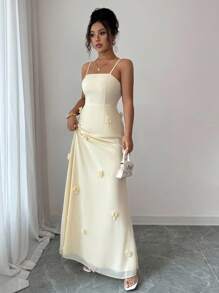 Rafferiza Elegantes Kleid mit Blumenstickerei, Mesh-Rückenausschnitt, Bindung in Taille, Meerjungfrauen-Saum, Lässig/Date-Trage, hellgelb, Frühling/Sommer Neuheit - Hellgelb - Übersicht 6