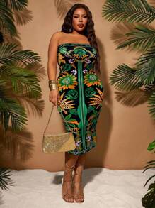 SHEIN SXY 大码女式春夏优雅性感花卉印花修身抹胸连衣裙，适合日常穿着，波西米亚风 - 綠色 - 查看 5