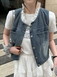 DAZY 女士无袖牛仔上衣，饰有荷叶边细节 - 藍色 - 查看 5