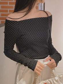 DAZY 女士休闲波尔卡圆点印花露肩长袖 T 恤，秋季女装 - 黑色 - 查看 4