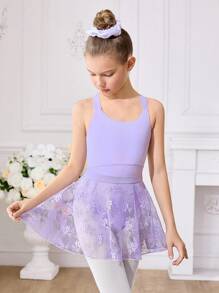 Tween Girls' 2Pcs Purple Ballet Leotard & Lace Skirt Set, Slim-Fit High Elasticity Fitness Outdoor Sports Dance Activewear