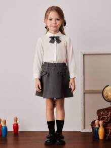 PrepCrw Conjunto de blusa de manga larga con moño y falda plisada para niñas de estilo colegial