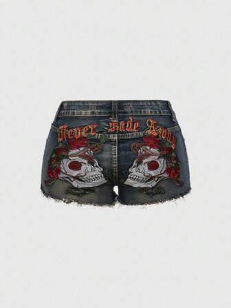 Grunge Punk Y2K Totenkopf- und Rosenranken-bestickte Denim Shorts in Vintage-Optik mit tiefer Taille für Große Größen