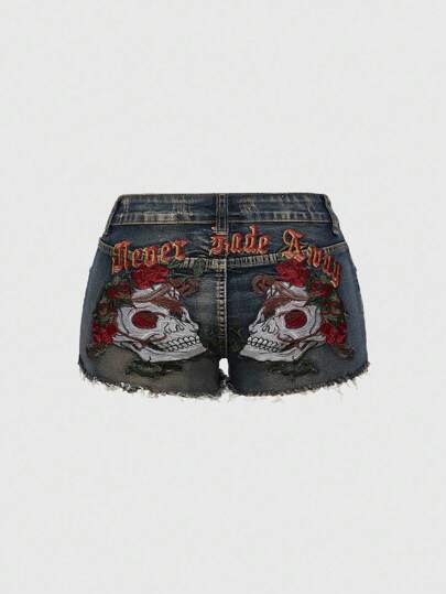 Grunge Punk Shorts in jeans vita bassa di taglia grande con ricamo vintage di teschio e rami di rose