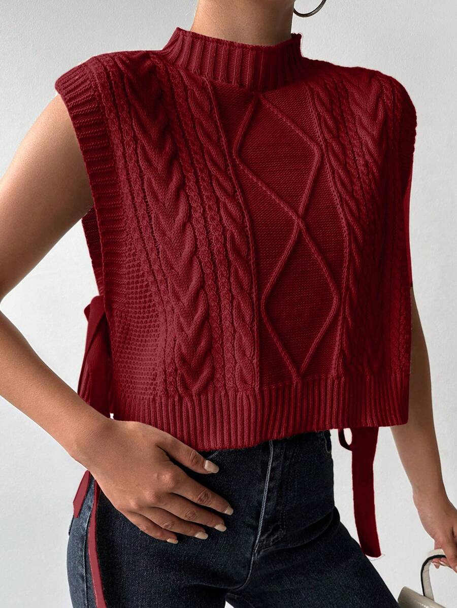 EURMUSE Mock Neck Knot Side Cable Knit Sweater Vest - Red - View 1
