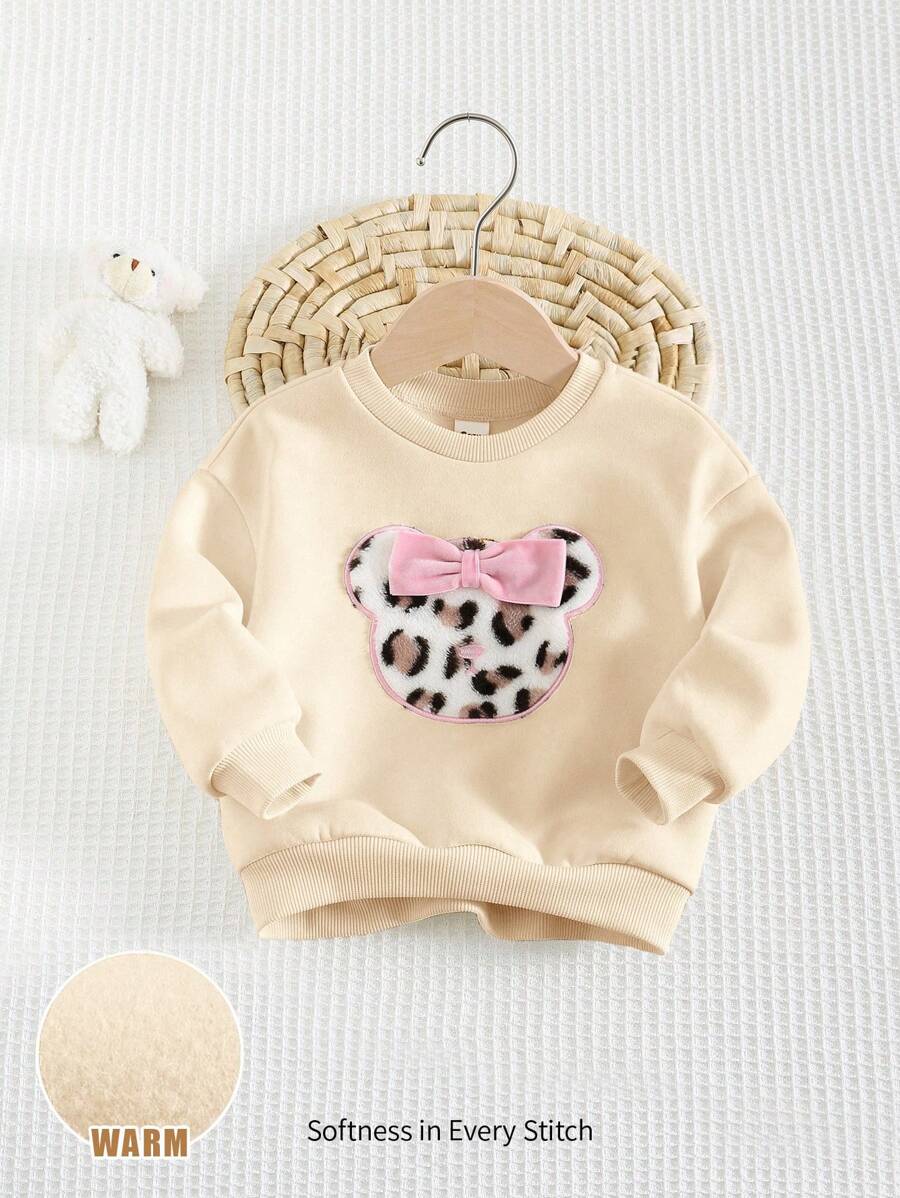 Cozy Pixies 女婴蝴蝶结豹纹熊头图案圆领长袖套头卫衣，休闲运动外套，百搭女婴卫衣，豹纹女婴卫衣，女婴动物印花卫衣，女婴豹纹卫衣，女婴动物印花卫衣，女婴动物印花卫衣，女婴豹纹卫衣，女婴豹纹女童服装，豹纹女婴，秋冬季 - 杏色 - 查看 1