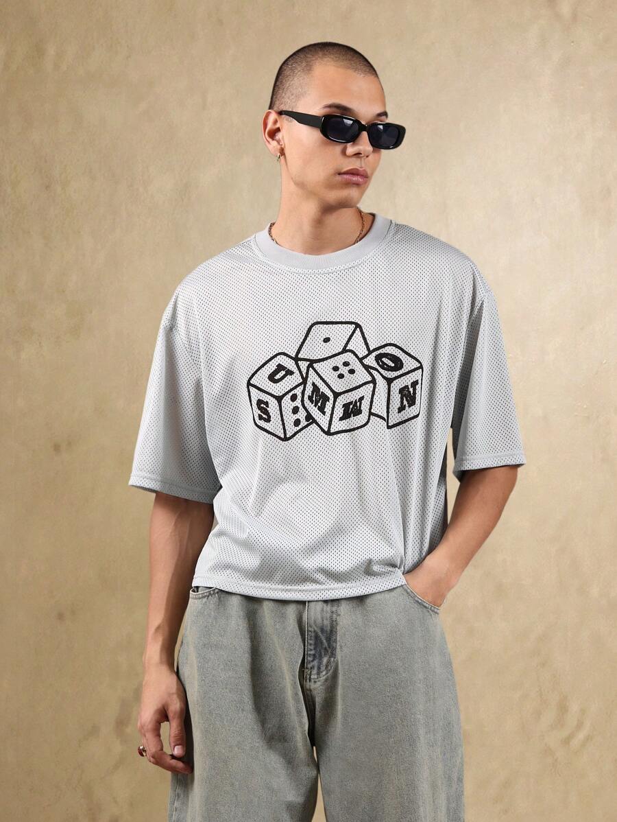 SUMWON Oversized Mesh Athletic T-Shirt With Dice Game Print Urban Streetwear Basketball Jersey Summer Festival Casual Top