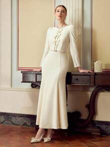 ZEYLAH Vestido elegante de mujer con decoración de mariposa con cuentas y cristales, diseño de cola de pez - Albaricoque - Ver 6