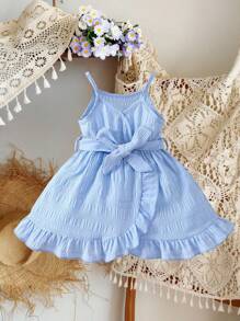 SHEIN Vintaside Kids Jacquard Fabric Casual Everyday Elegant Strap Dress With Belt For Baby Girls, Spring/Summer Suitable For Outings - Blue - View 2