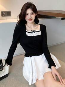 DAZY Women Casual Color Block Bow Short Sleeve T-Shirt Cute Top Milkmaid Top Long Sleeve Top