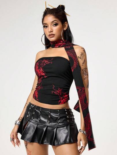 ROMWE Avant Y2K Crop Top With Dragon Print For Women, Tight Fitted
