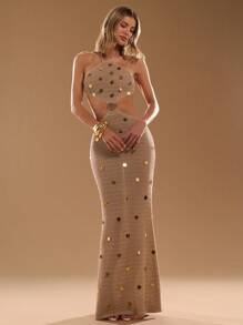 SHEIN x Eduarda Gutierrez SHEIN BAE 性感女式露背闪亮紧身针织中长连衣裙 - 卡其色 - 查看 2