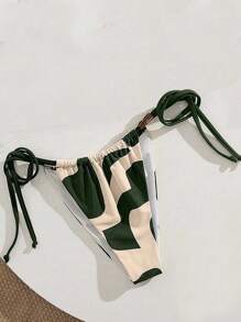 SHEIN Swim 暖色肩带装饰系带侧边女士简约复古比基尼泳裤，海滩 - 軍綠色 - 查看 4