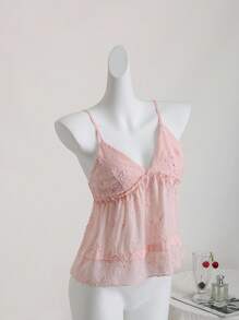 Flirla 1pc Women's Casual Solid Color Jacquard Ruffle Strap Top, Light Pink, Summer - Baby Pink - View 3