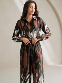 Anewsta 秋冬几何拼色条纹纹理褶皱衬衫和裤子两件套