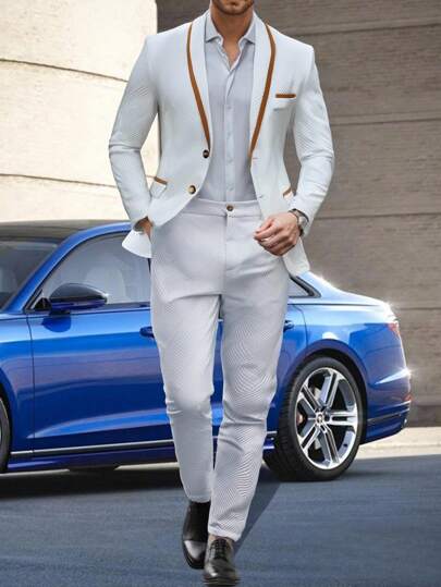 Manfinity Mode Conjunto de chaqueta y pantalones de talla grande para hombre, de estilo casual, con solapa y manga larga