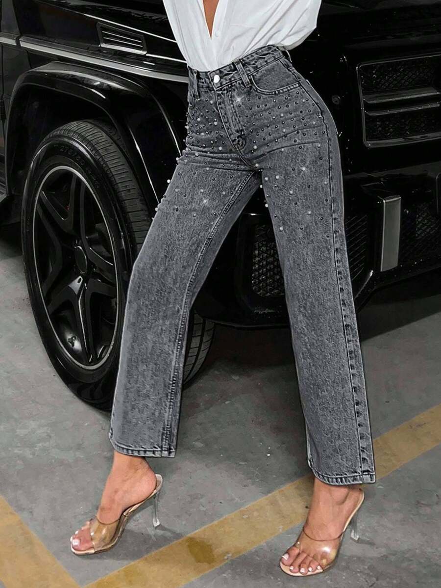 SHEIN PETITE Jeans casuales rectos y holgados con bolsillos y decoración de perlas de imitación para mujeres