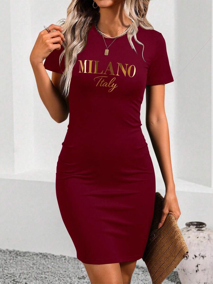 Váy bodycon in chữ thường ngày cho nữ, mùa hè - Màu Đỏ Sâu - Xem 1