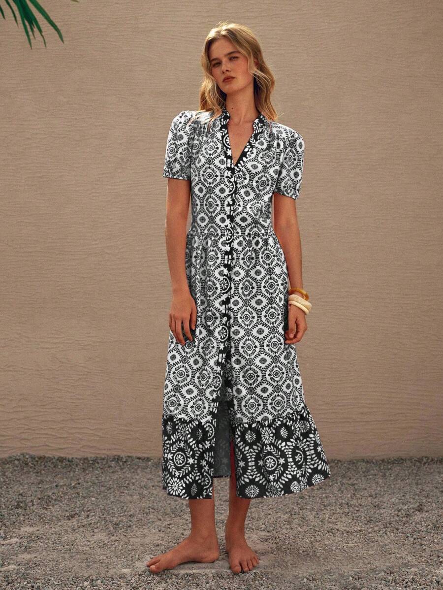 Lumivelle Đầm Bohemian tay lửng hở trước thời trang thanh lịch cho nữ - màu đen - Xem 1