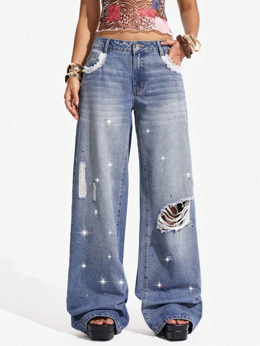 Jeanoix Women's Low Waist Pockets Distressed Loose Casual Wide Leg Jeans Y2k