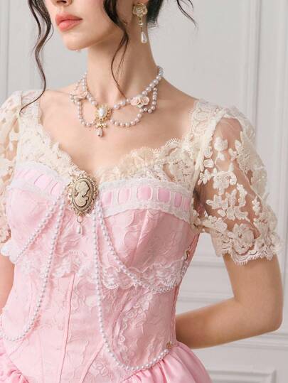 ROMWE EDITION Women's Vintage Palace Romantic Lace Patchwork Pearl Chain Decor Puff Skirt Mini Dress