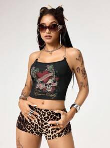 ROMWE Avant Y2K Vintage Style Heart Wing & Rose Print Women Shorts