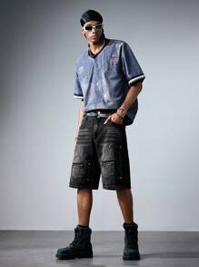 ROMWE MEN Prep Men's V-Neck Numeric Pattern Rhinestone Short Sleeve Casual Denim Shirt - Blue - View 6