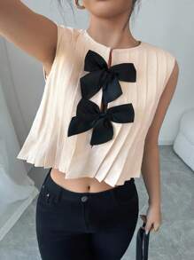 Elenzga Camisa informal sin mangas con decoración de lazo, simple y versátil