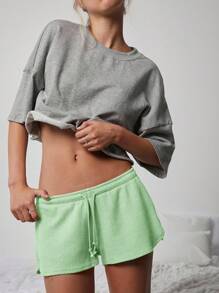 WESTFADE Cute Mid Rise Tie Front Textured Knit Lounge Shorts - Green - View 6