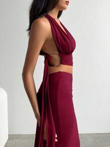 Aloruh Women's Elegant Sexy Deep V Chest Detail Open Back Ruched Skirt Beach Vacation 2pcs Set - Burgundy - View 4