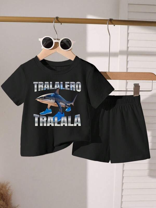 GraphicGems 2pcs/Set Toddler Boys' Casual Shark Print Round Neck Short Sleeve T-Shirt And Shorts Set, Summer Toddler Boy Outfit Boys Tshirt And Shorts Set