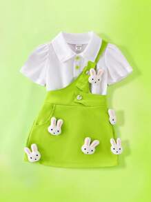 SHEIN Baby Girl Set - White Short Sleeve T-Shirt + Stylish Suspender Skirt - Green - View 1