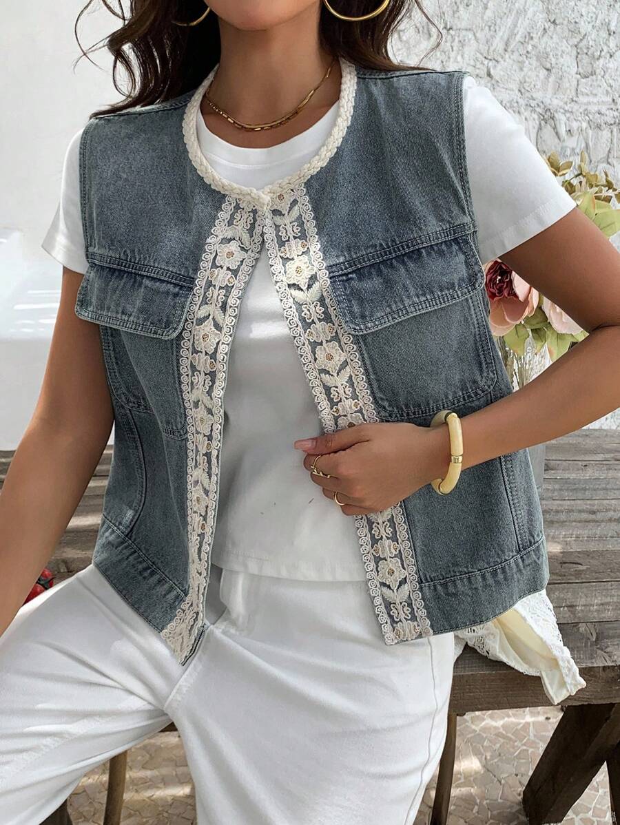 Livesso Top de tirantes sin mangas de mezclilla azul lavada con cuello redondo, ropa de otoño para mujer