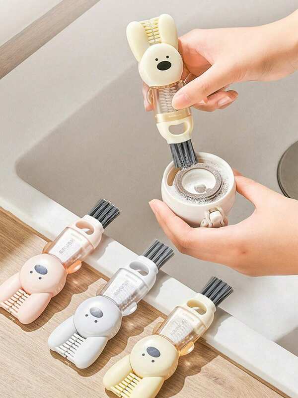 SHEIN 1 pièce Brosse à trois en un pour couvercle de lapin ; Brosse pour bouteille d'eau ; Brosse de nettoyage d'espaces ; Brosse de nettoyage de bouteille ; Un cadeau du ciel pour le nettoyage du lait