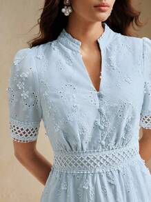 Anewsta V-Neck Fashionable Elegant Embroidery Lace Hollow Splicing Design Waisted Women Short Dress, Vacation Style - Blue - View 1