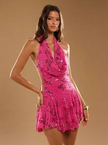 SHEIN BAE 女士亮片拼接露背性感无袖迷你连衣裙，适合外出穿着