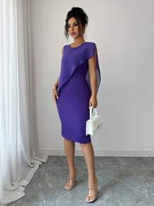 Elenzga فستان متوسط الطول أنيق يتميز بلون واحد، رقبة مستديرة، قطع شبكية، مصمم بطريقة ملائمة للمرأة