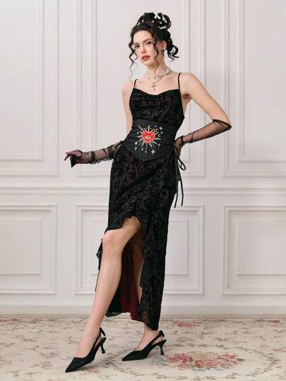 EDITION Ladies' Vintage Romantic Court Baroque Style Waistcoat, Heart & Eye Embroidery Plunging Neckline Bodycon Sexy High Slit Ruffle Hem Flocked Color Block Fishtail Maxi Dress