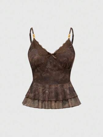 Hippie Camiseta de tirantes vintage con estampado floral y de paisley, con dobladillo asimétrico y efecto de capa, con detalles de encaje