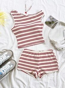 Soleia 女士夏季假期 2 件套：纹理针织不对称肩部修身上衣和超低腰紧身短裤，适合派对、圣诞节、约会之夜、海滩、巡游、狂欢节露肩圣诞上衣，适合学校返校服装女士返校秋季服装哥特女装俱乐部服装女士性感万圣节服装俱乐部连衣裙外出服装音乐会服装乡村音乐会服装