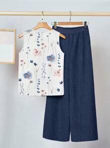 SHEIN Clasi 2 件套女士休闲花卉印花套装适合夏季，复古花卉，适合日常穿着 - 彩色 - 查看 2