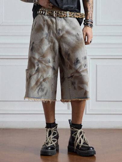 Grunge Punk Herren Batik-gefärbte Denim Shorts mit ausgefranstem Saum, locker und lässig, Halloween