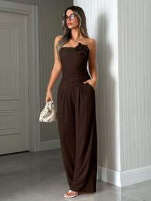 EURMUSE OFF SHOULDER 3D ROSE TOP & MID WAIST PLEATED STRAIGHT LONG LEG PANT - Brown - View 3