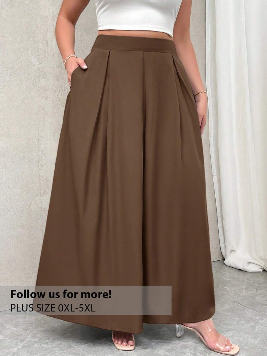 Firerie Plus Size Women Gray High Waist Long Pleated A-Line Skirt With Pockets, Elastic Waist, Back To School Spring To Summer - Khaki - View 1