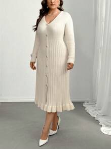 Firerie Plus Size Women Apricot V-Neck Ruffled Hem Knitted Dress, New Autumn/Winter Style