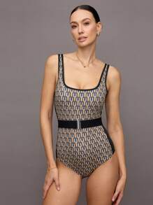 Activina Bikini de tankini con cuello cuadrado y estampado geométrico para mujer