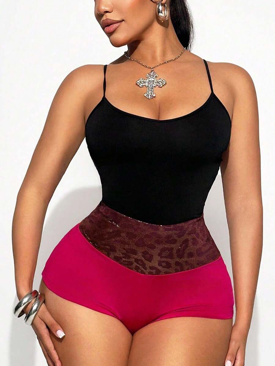 Zolique Sexy Leopard Print Patchwork Mini Shorts, Slim Fit Summer - Red - View 1