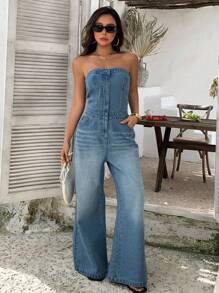 Livesso 女式夏季牛仔吊带上衣束腰休闲连体裤 - 藍色 - 查看 6