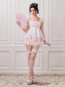 ROMWE Kawaii 女式可爱甜美领口蝴蝶结蕾丝装饰T恤 - 白色 - 查看 8