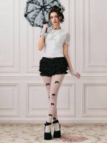 ROMWE Kawaii 女式可爱彼得潘领和荷叶边袖蝴蝶结装饰T恤，夏季 - 白色 - 查看 5